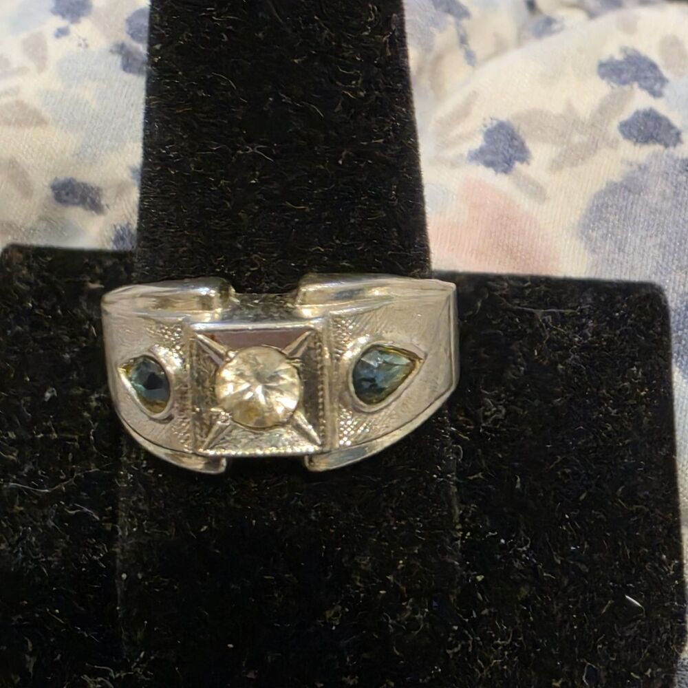 Vintage 18K HGE Chunky Statement Ring Mid Century Faux Sapphire Diamond Size 10